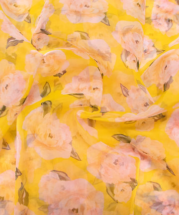 Yellow Floral Printed Organza Fabric